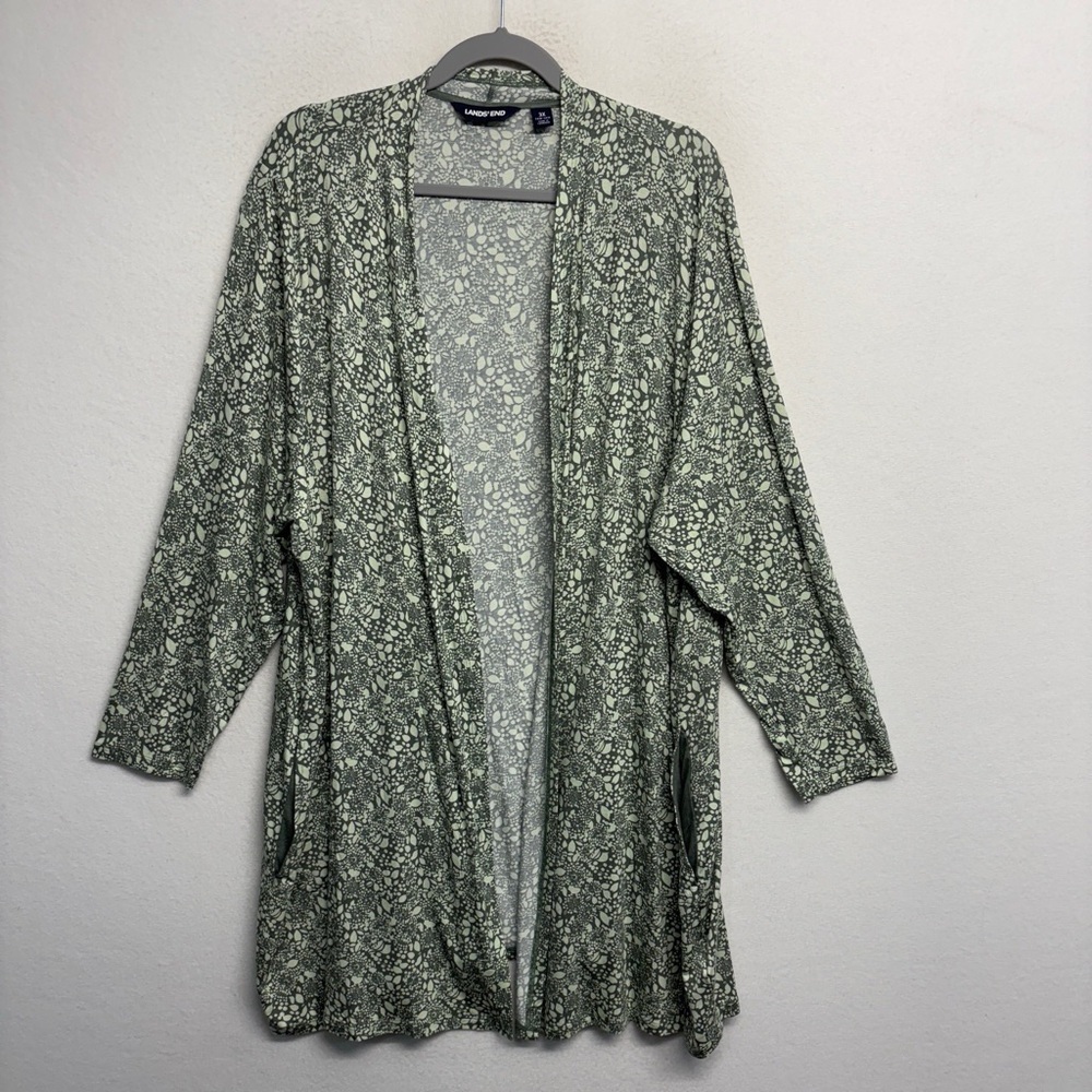 Land's End 3x Floral Sheer open cardigan sweater gray cream rayon stretch